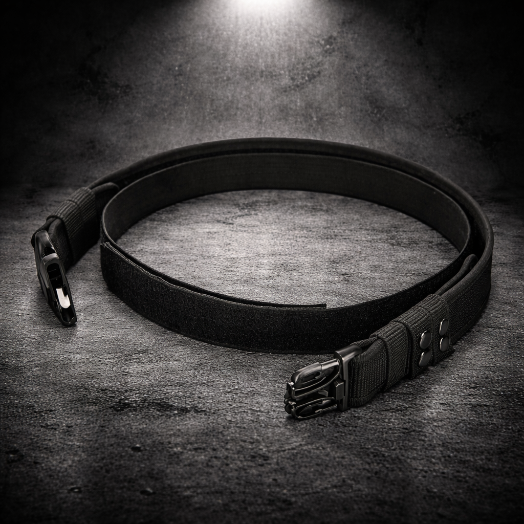 black tactical outer duty belt with quick release buckle and reinforced nylon construction for load bearing setups